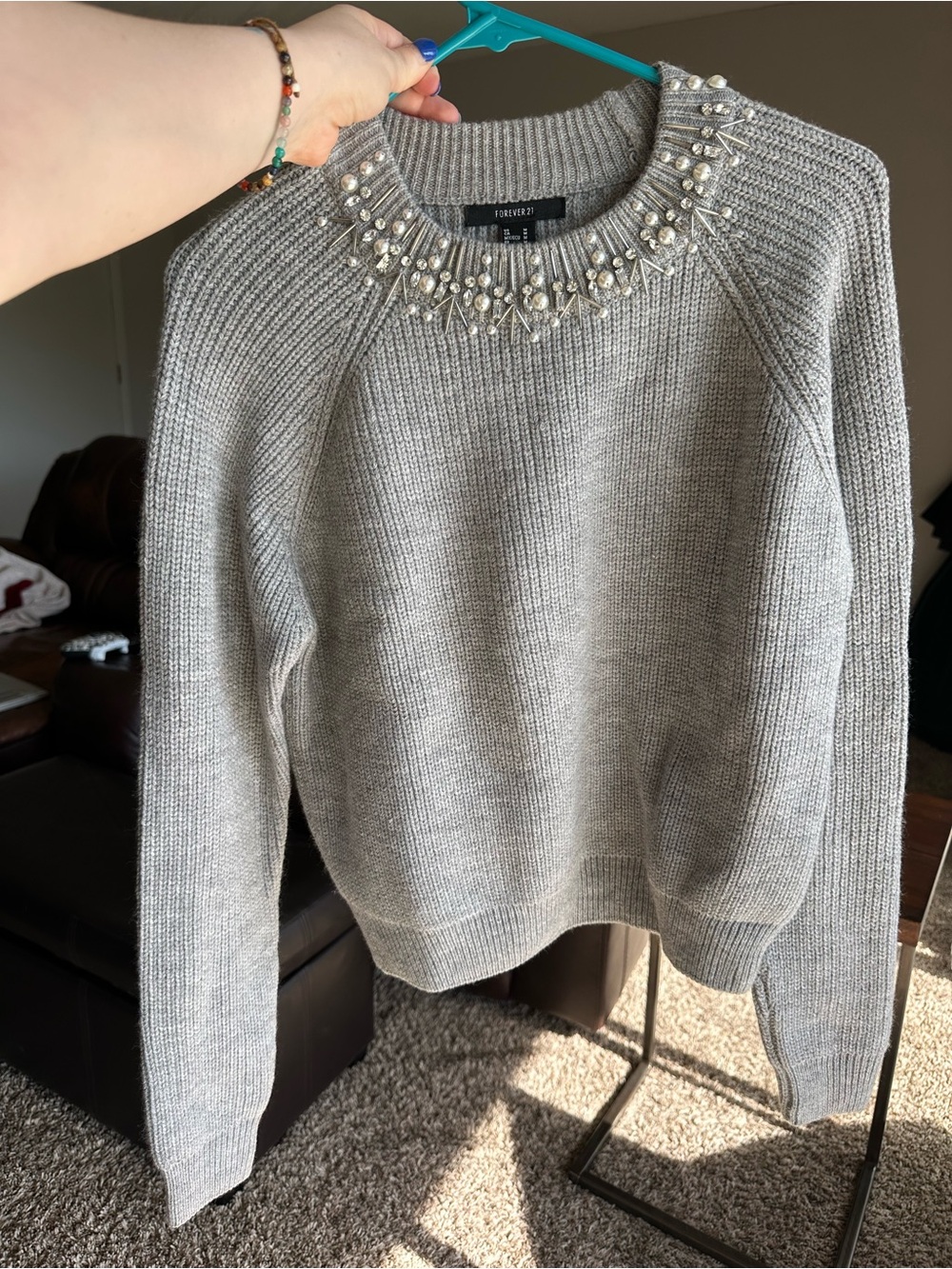 Forever 21 Gray Pearl Embellished Crewneck Sweater
